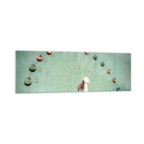 Obraz na szkle - Kolorowy diabelski młyn na tle błękitnego nieba w stylu retro - 160x50cm - Zapraszamy do zabawy - Nowoczesna dekoracja ścienna do salonu i sypialni ARTTOR