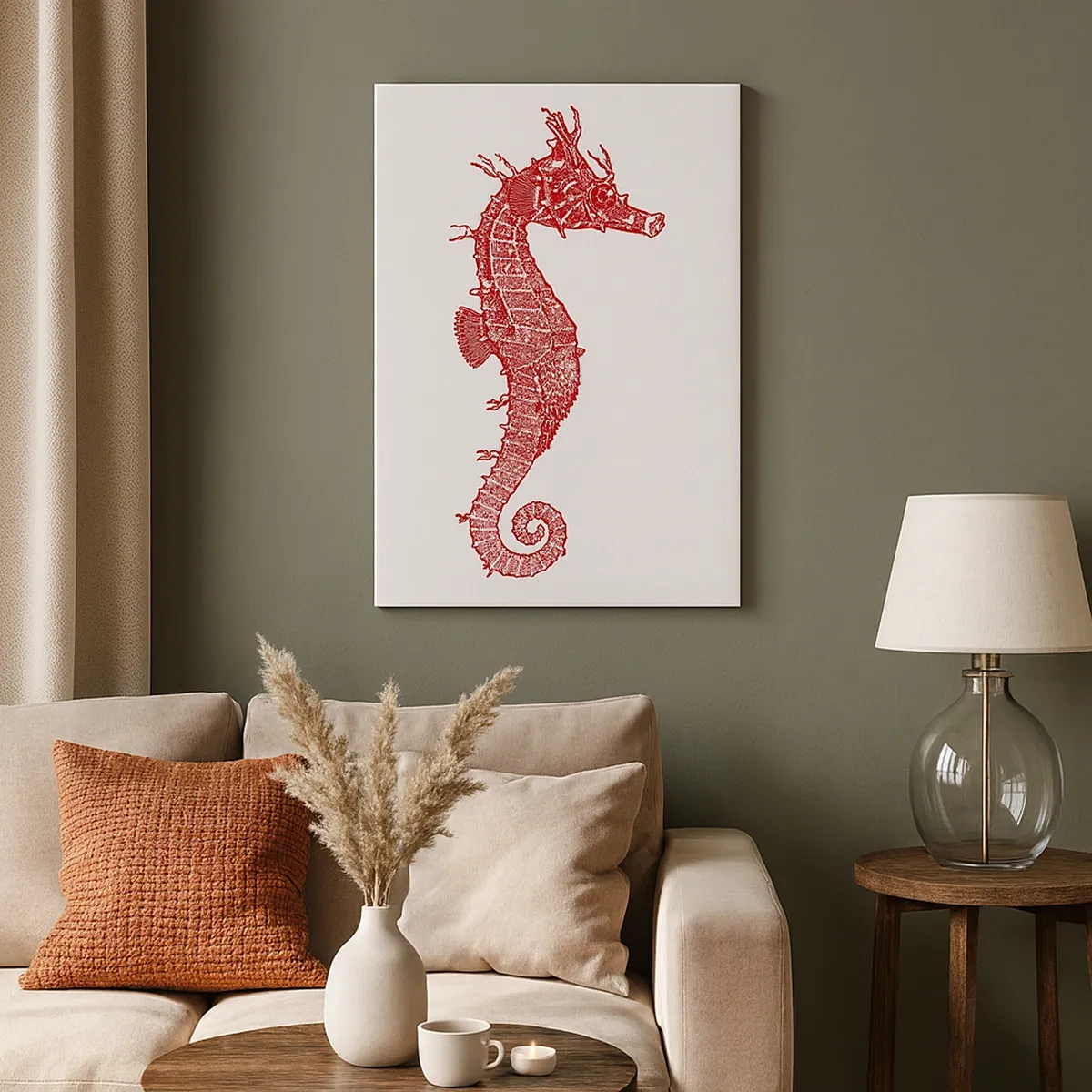 Obraz na płótnie - Czerwony rysunek konika morskiego na jasnym tle - 50x70cm - Misterne stworzenie - Nowoczesna dekoracja ścienna do salonu, kuchni i sypialni ARTTOR