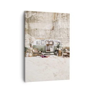 Obraz na płótnie - Kempingowy bus w stylu boho na tle skalistego krajobrazu - 50x70cm - Podróż czas zacząć - Nowoczesna dekoracja ścienna do salonu, kuchni i sypialni ARTTOR