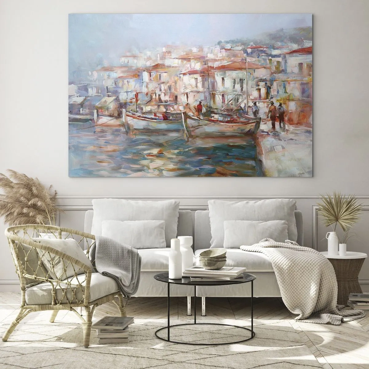 Obraz na szkle - Malowniczy port z łodziami w pastelowej kolorystyce - 70x50cm - Pastelowe wakacje - Nowoczesna dekoracja ścienna do salonu i sypialni ARTTOR