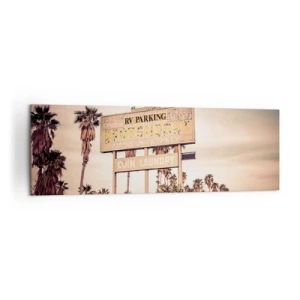 Obraz na płótnie - Retro szyld motelu otoczonego palmami - 160x50cm - Tu czas się zatrzymał - Nowoczesna dekoracja ścienna do salonu i sypialni ARTTOR