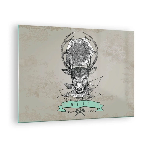 Obraz na szkle - Geometriczny rysunek jelenia z napisem Wild Life - 70x50cm - Widzenie św. Hubertusa - Nowoczesna dekoracja ścienna do salonu i sypialni ARTTOR