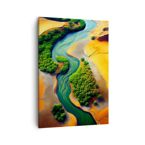 Obraz na płótnie - Kolorowa fotografia lotnicza ukazująca wijącą się rzekę otoczoną zielenią i złotymi piaskami - 50x70cm - Życiodajna rzeka - Nowoczesna dekoracja ścienna do salonu, kuchni i sypialni ARTTOR