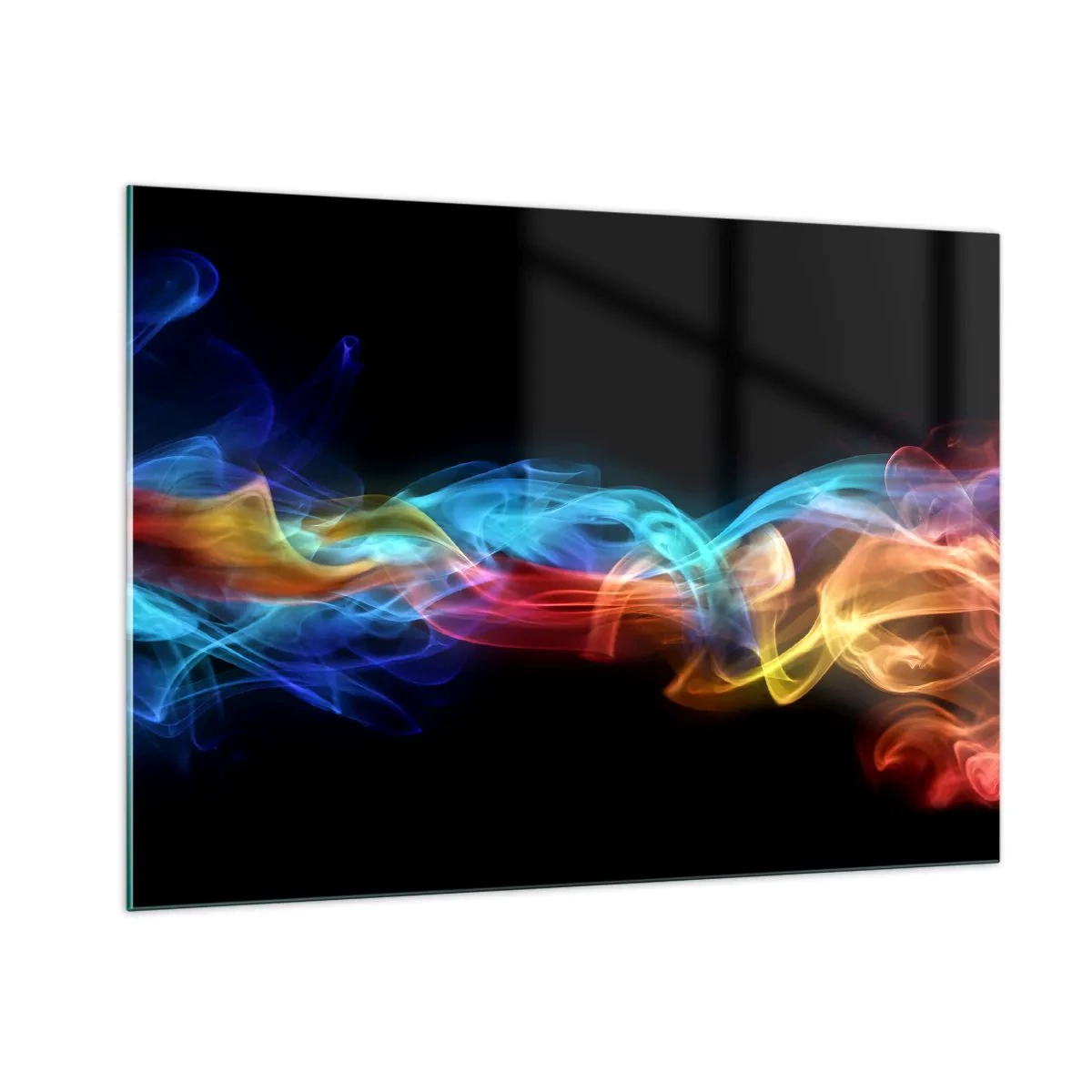 Obraz na szkle - Kolorowe smugi dymu na czarnym tle tworzące abstrakcyjny wzór - 100x70cm - Tęczowy taniec mgieł - Nowoczesna dekoracja ścienna do salonu, kuchni i sypialni ARTTOR