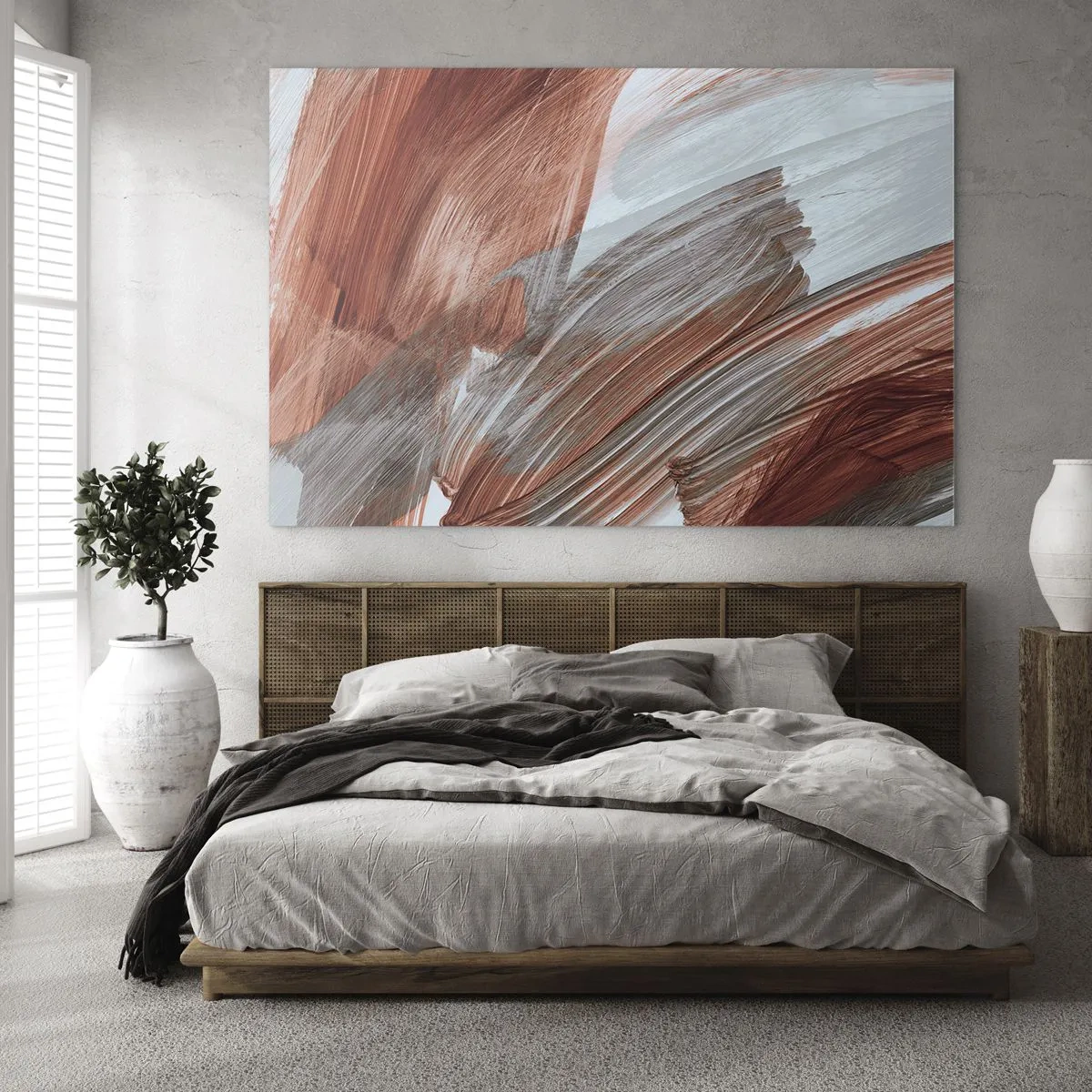 Obraz na szkle - Dynamiczne pociągnięcia pędzla w ciepłych barwach jesieni i chłodnych błękitach - 70x50cm - Abstrakcja jesienna i wietrzna - Nowoczesna dekoracja ścienna do salonu i sypialni ARTTOR