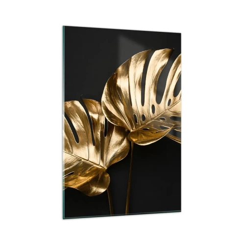 Obraz na szkle - Złote liście monstery na czarnym tle - 80x120cm - Skarby natury - Nowoczesna dekoracja ścienna do salonu i sypialni ARTTOR