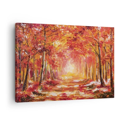 Obraz na płótnie - Jesienny las w odcieniach miedzi i złota - 70x50cm - Miedziany las - Nowoczesna dekoracja ścienna do salonu i sypialni ARTTOR