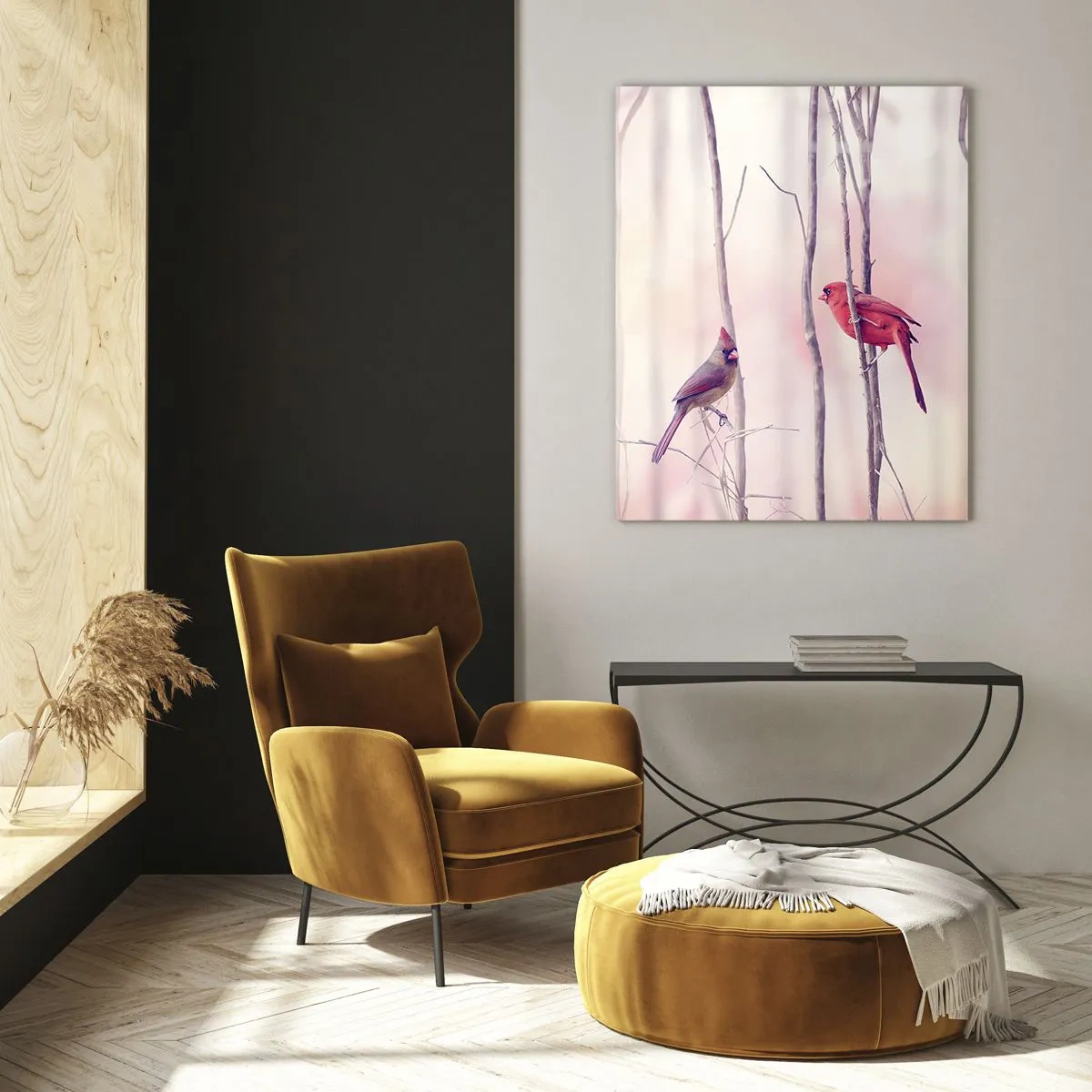 Obraz na szkle - Dwa ptaki wśród delikatnych gałązek w pastelowej tonacji - 50x70cm - Opowieść różowego lasu - Nowoczesna dekoracja ścienna do salonu, kuchni i sypialni ARTTOR