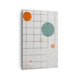 Obraz na płótnie - Abstrakcyjne okręgi w kolorach na tle geometrycznej siatki - 80x120cm - Uwięzione. My czy one? - Nowoczesna dekoracja ścienna do salonu i sypialni ARTTOR