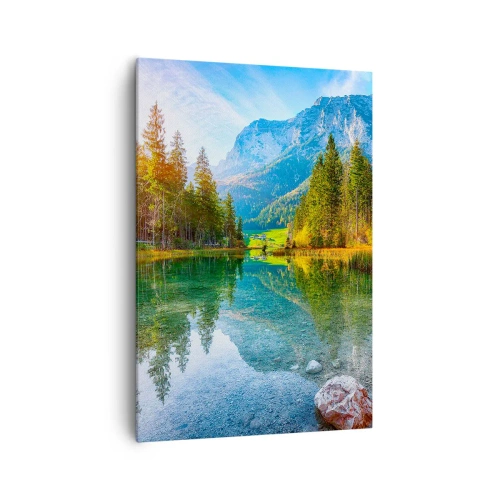 Obraz na płótnie - Malownicze jezioro w otoczeniu gór i lasów - 70x100cm - Łagodność jesieni - Nowoczesna dekoracja ścienna do salonu i sypialni ARTTOR