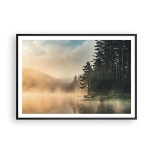 Plakat w czarnej ramie - Mglisty las nad spokojnym jeziorem - 100x70cm - Narodziny dnia - Nowoczesna dekoracja ścienna do salonu i sypialni ARTTOR
