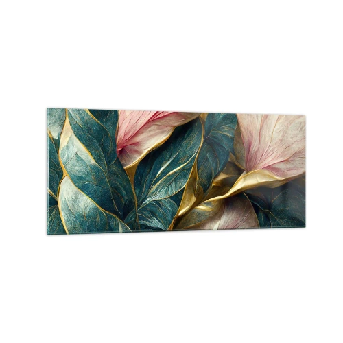 Obraz na szkle - Eleganckie liście w zieleni, złocie i różu - 120x50cm - Naturalna elegancja i styl - Nowoczesna dekoracja ścienna do salonu i sypialni ARTTOR