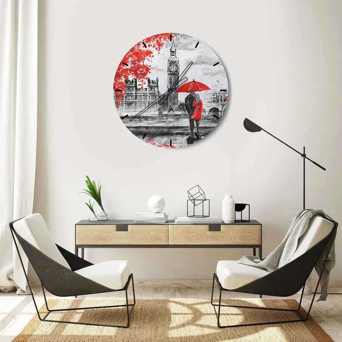 Zegar ścienny - Para pod czerwoną parasolką na tle Big Bena i Parlamentu - 30x30cm - Zakochani w Londynie - Nowoczesna dekoracja ścienna do salonu, kuchni i sypialni ARTTOR