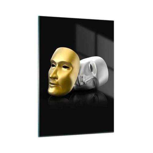 Obraz na szkle - Złota i srebrna maska na czarnym tle - 50x70cm - Życie to jest teatr - Nowoczesna dekoracja ścienna do salonu, kuchni i sypialni ARTTOR