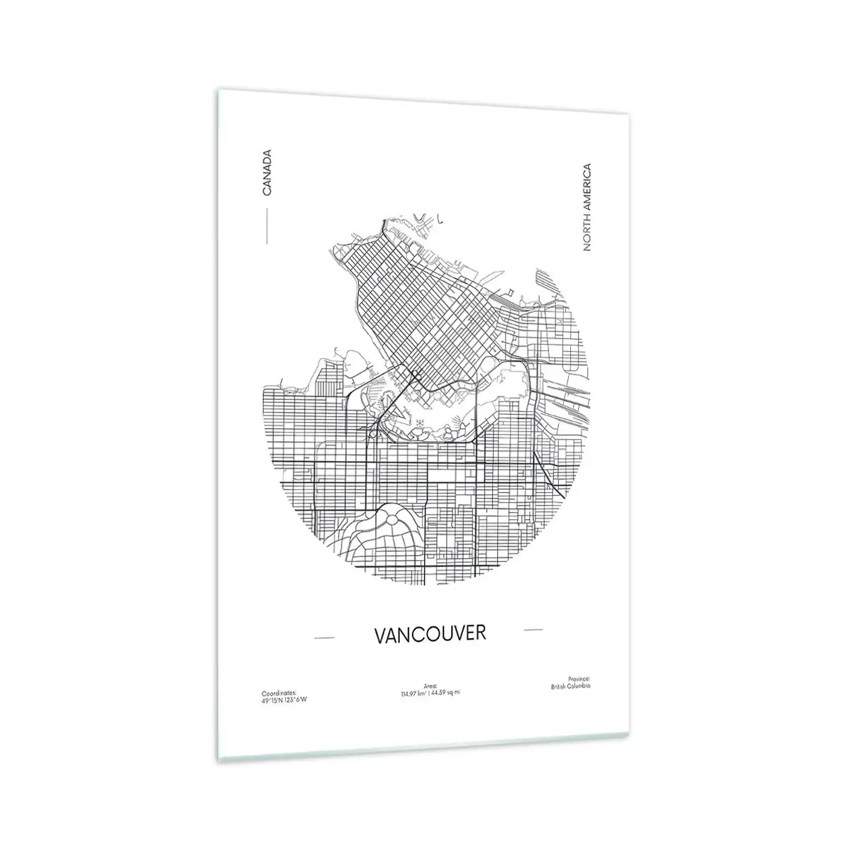 Obraz na szkle - Mapa Vancouver w minimalistycznym, czarno-białym stylu - 70x100cm - Anatomia Vancouver - Nowoczesna dekoracja ścienna do salonu i sypialni ARTTOR