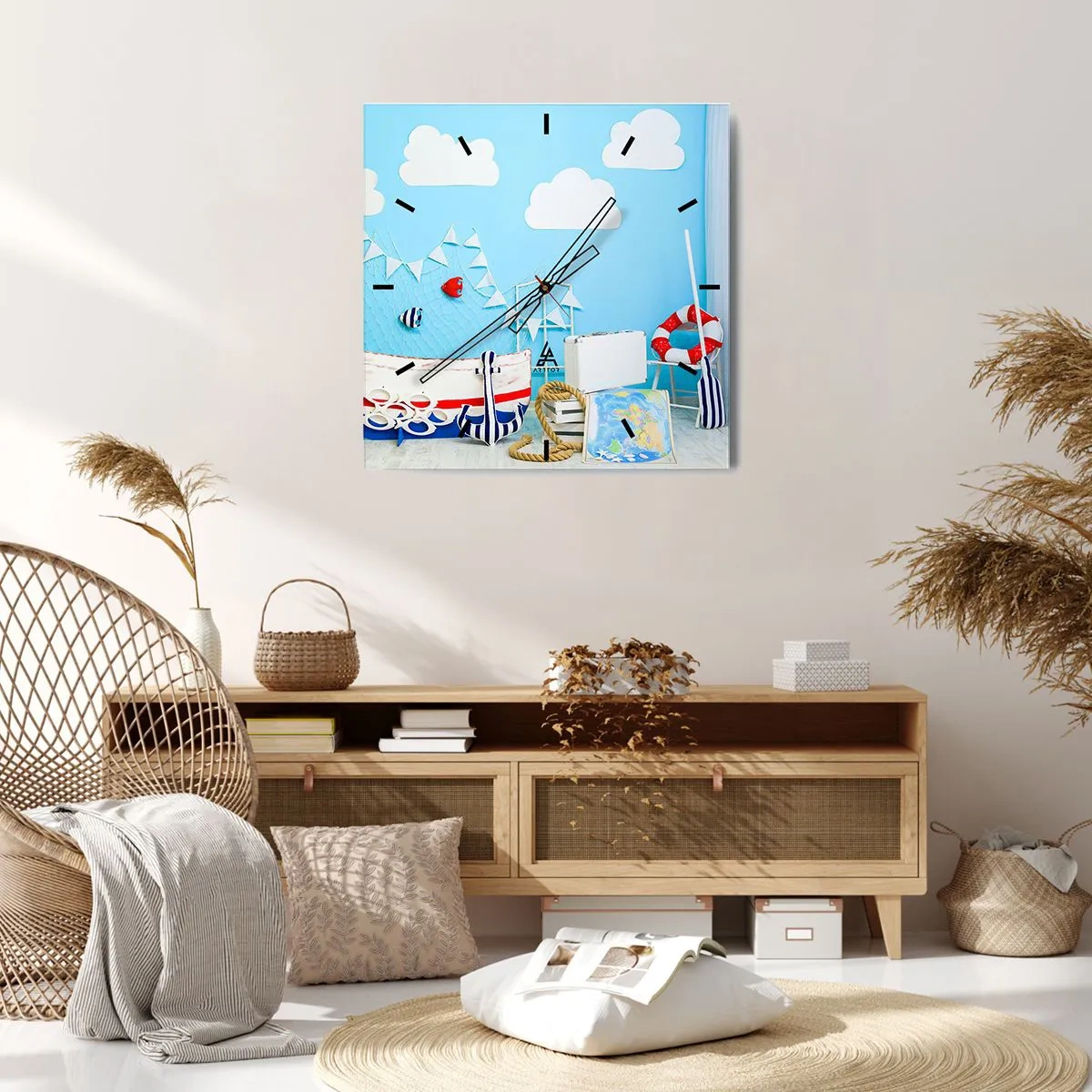 Zegar ścienny - Marynistyczna dekoracja z łódką i akcesoriami na niebieskim tle - 30x30cm - Dziecięca tęsknota do przygody - Nowoczesna dekoracja ścienna do salonu i sypialni ARTTOR
