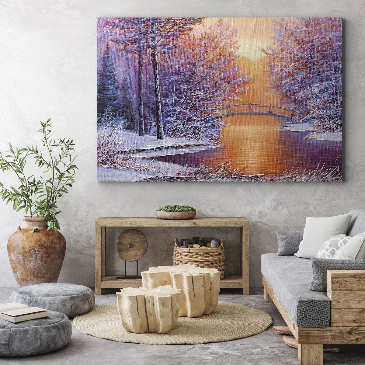 Obraz na płótnie - Zimowy krajobraz z mostkiem i zachodem słońca - 70x50cm - Spotkajmy się tu - Nowoczesna dekoracja ścienna do salonu i sypialni ARTTOR