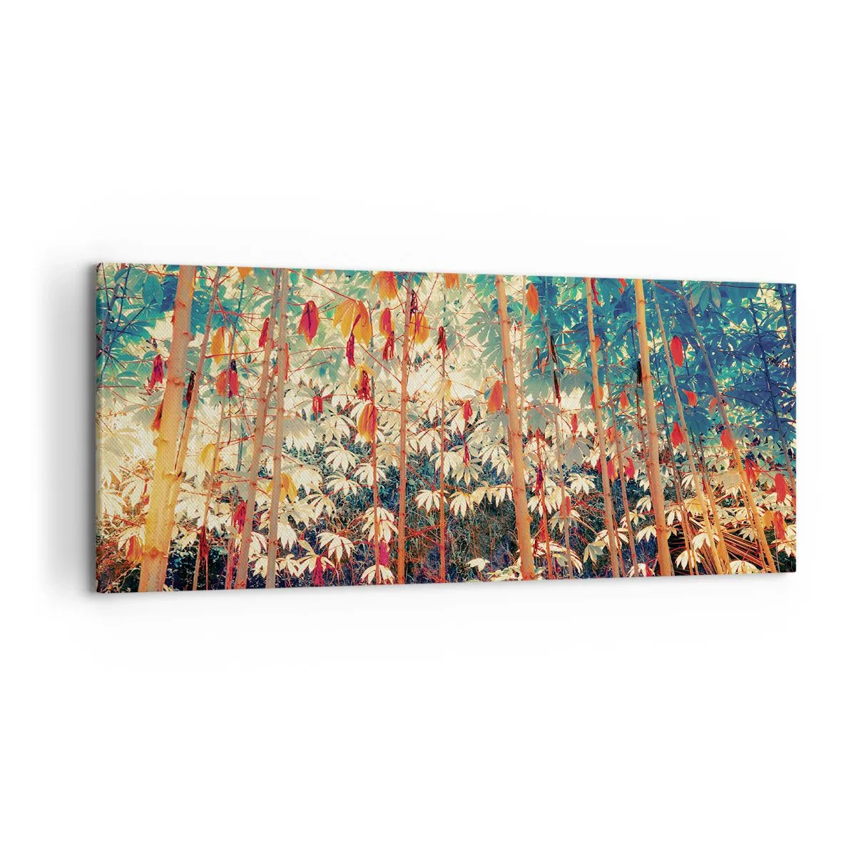Obraz na płótnie - Kolorowy las bambusowy z intensywnymi barwami - 120x50cm - Tajemne życie liści - Nowoczesna dekoracja ścienna do salonu i sypialni ARTTOR