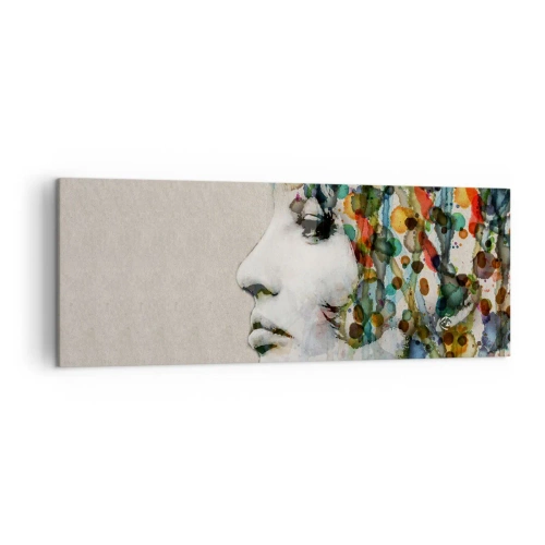 Obraz na płótnie - Profil kobiety w akwarelowych barwach z abstrakcyjnym tłem - 140x50cm - Wyłoniła się z szarości - Nowoczesna dekoracja ścienna do salonu i sypialni ARTTOR