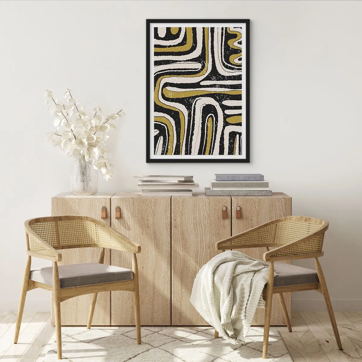 Plakat w czarnej ramie - Geometryczna abstrakcja w czerni, beżu i złocie - 50x70cm - Kompozycja: trakty i zaułki - Nowoczesna dekoracja ścienna do salonu i sypialni ARTTOR