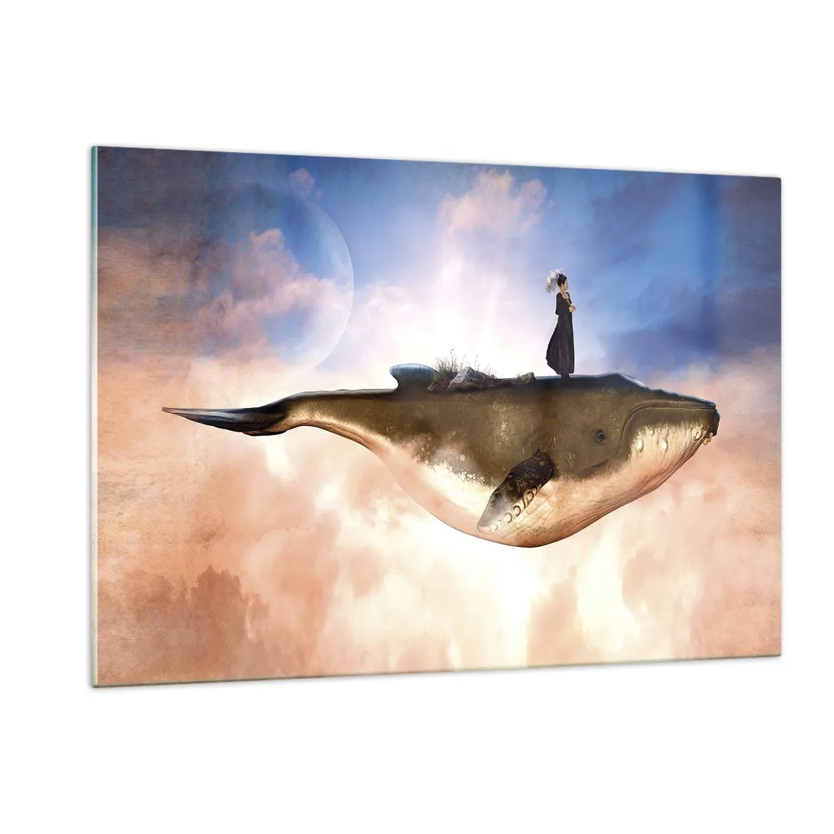 Obraz na szkle - Fantazyjny wieloryb unoszący się w chmurach z kobietą na grzbiecie - 120x80cm - Nadrealna podróż - Nowoczesna dekoracja ścienna do salonu, kuchni i sypialni ARTTOR
