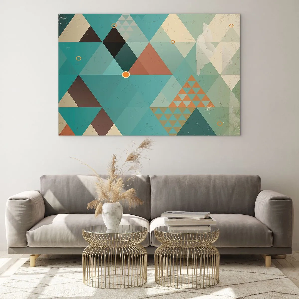Obraz na szkle - Geometria w odcieniach turkusu i brązu z trójkątami - 120x80cm - Jedność wielości, wielość jedności - Nowoczesna dekoracja ścienna do salonu, kuchni i sypialni ARTTOR