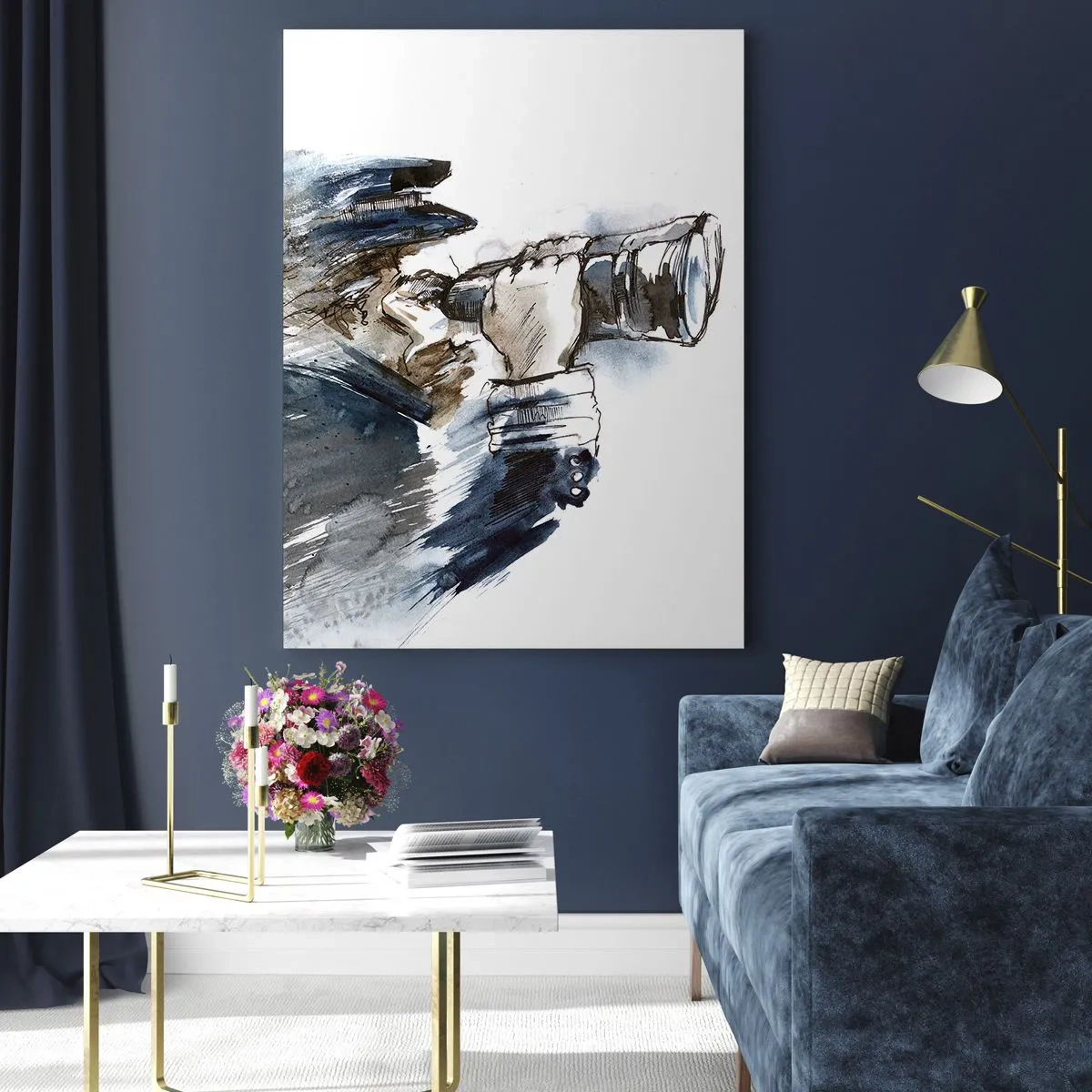 Obraz na szkle - Człowiek z lornetką w dynamicznej akwarelowej kompozycji - 50x70cm - Dziesięć w skali Beauforta! - Nowoczesna dekoracja ścienna do salonu, kuchni i sypialni ARTTOR