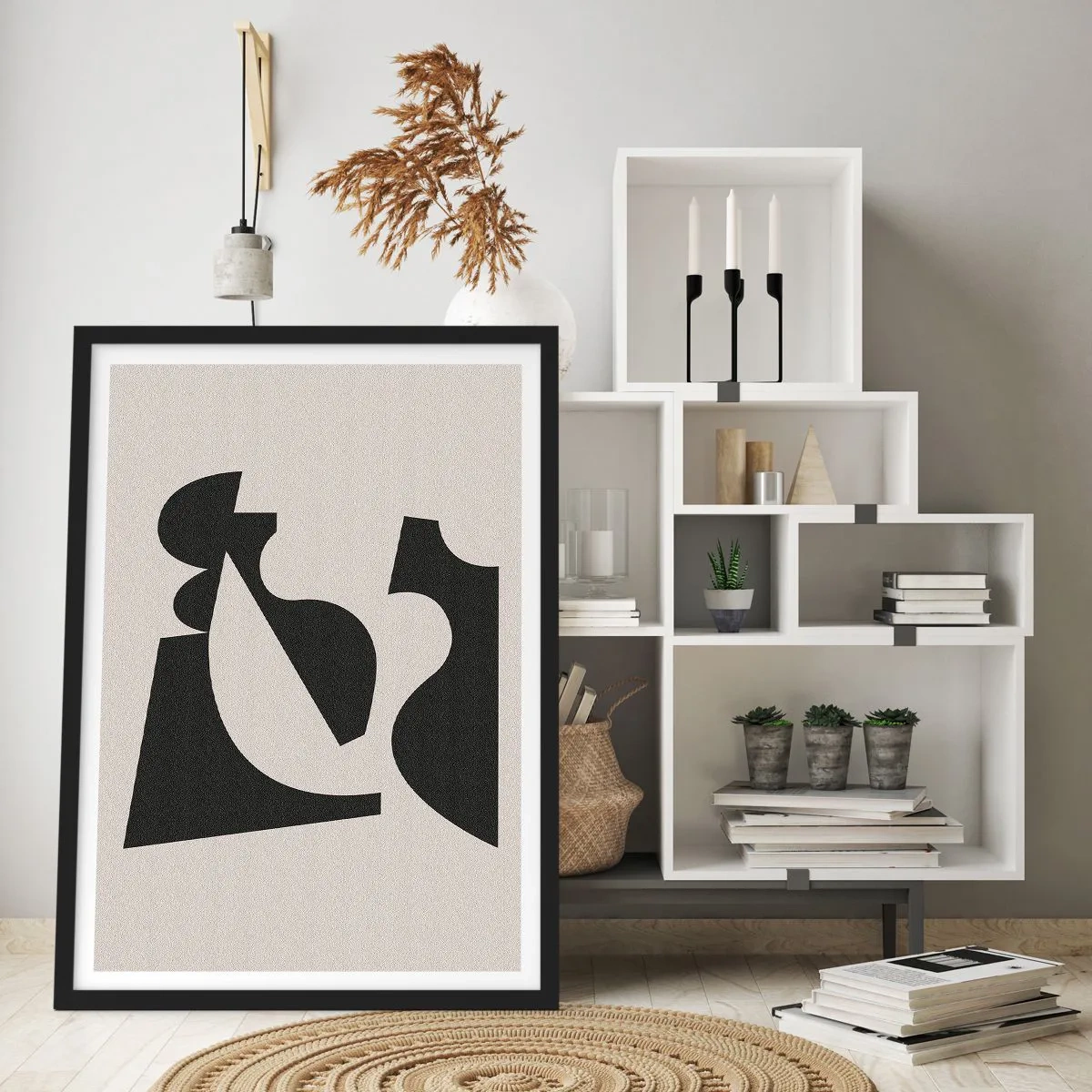 Plakat w czarnej ramie - Abstrakcyjna kompozycja geometryczna w czerni i beżu - 50x70cm - Do samodzielnego składania - Nowoczesna dekoracja ścienna do salonu i sypialni ARTTOR