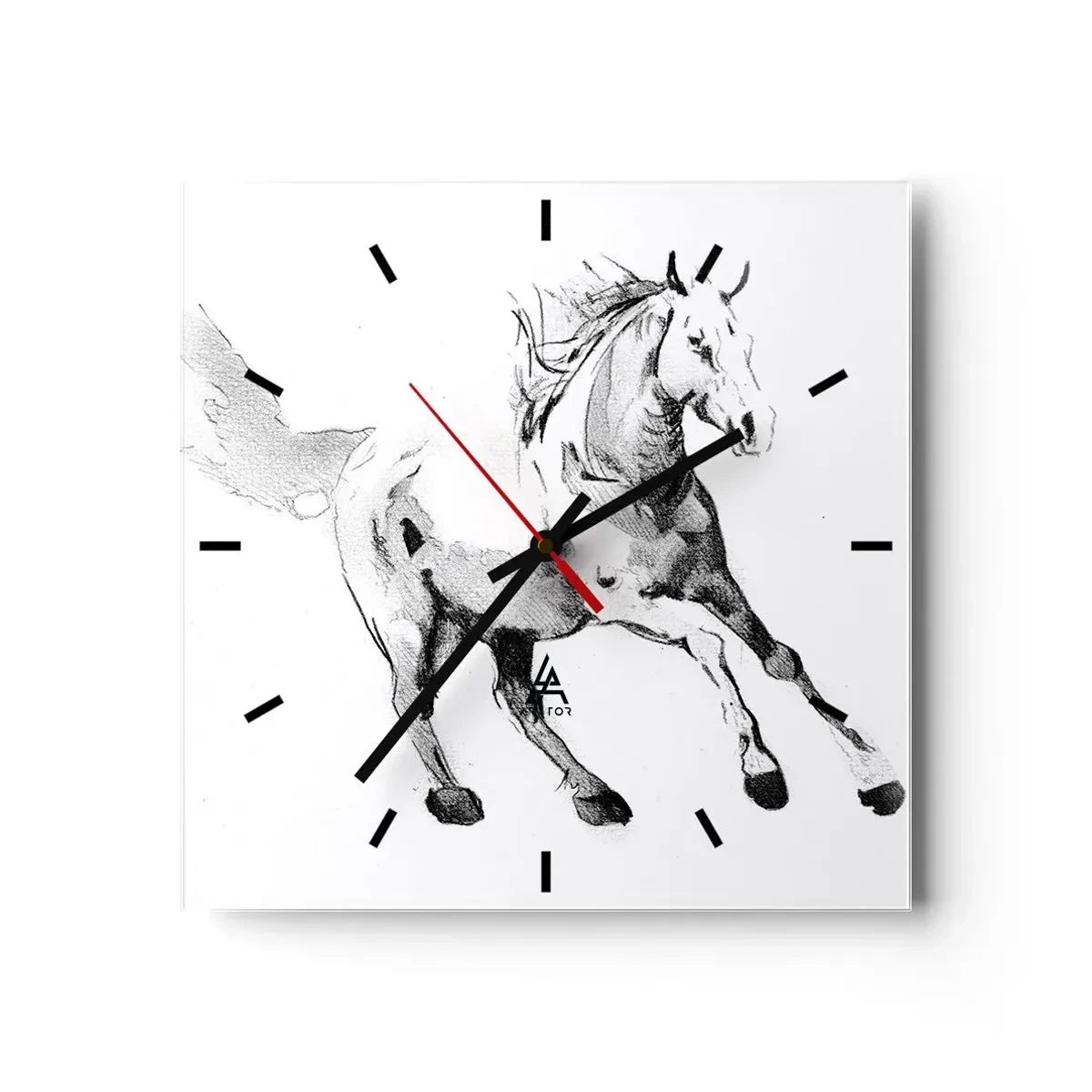 Zegar ścienny - Szkic galopującego konia w odcieniach czerni i bieli - 30x30cm - Nieujarzmiona dusza - Nowoczesna dekoracja ścienna do salonu i sypialni ARTTOR