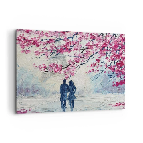 Obraz na płótnie - Para pod kwitnącymi różowymi drzewami w romantycznej scenerii - 100x70cm - Romantyczny spacer - Nowoczesna dekoracja ścienna do salonu, kuchni i sypialni ARTTOR