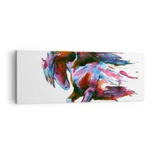 Obraz na płótnie - Koń w dynamicznych abstrakcyjnych barwach symbolizujący wolność - 140x50cm - W uniesieniu - Nowoczesna dekoracja ścienna do salonu i sypialni ARTTOR