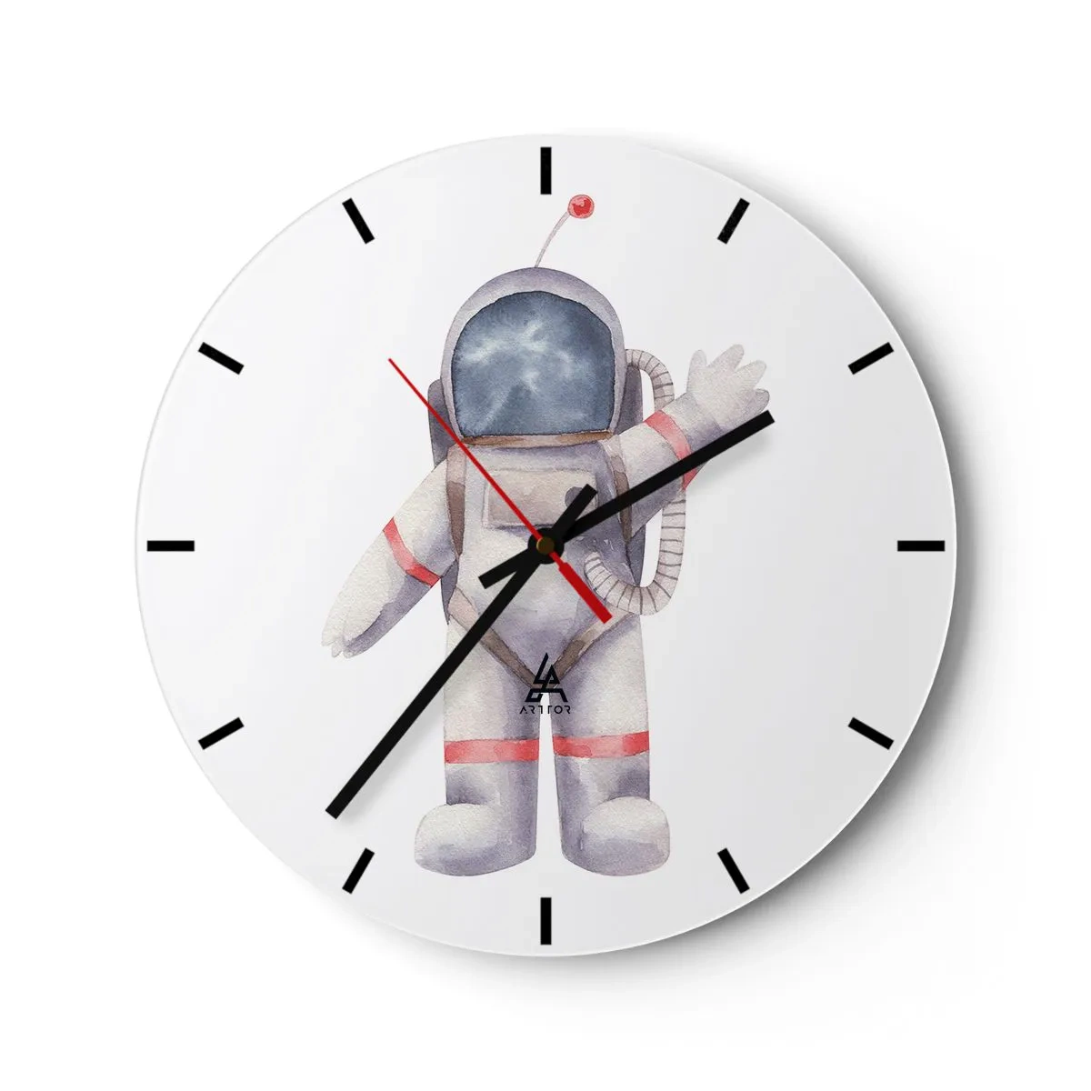 Zegar ścienny - Ilustracja kosmonauty z uniesioną ręką na białym tle - 30x30cm - To na razie! - Nowoczesna dekoracja ścienna do salonu, kuchni i sypialni ARTTOR