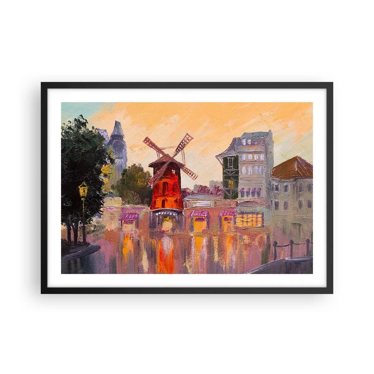 Plakat w czarnej ramie - Czerwony wiatrak Moulin Rouge otoczony miejskim pejzażem - 70x50cm - Paryskie ikony – Moulin Rouge - Nowoczesna dekoracja ścienna do salonu i sypialni ARTTOR