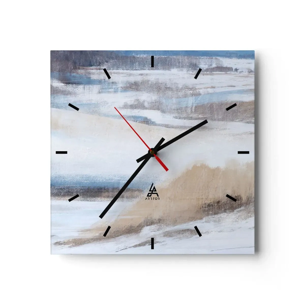 Zegar ścienny - Abstrakcyjny krajobraz zimowy w odcieniach bieli i błękitu - 30x30cm - Zimowa kompozycja - Nowoczesna dekoracja ścienna do salonu i sypialni ARTTOR