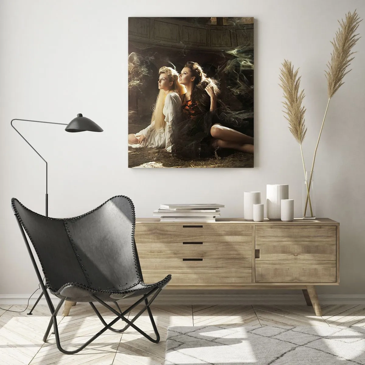 Obraz na szkle - Dwie kobiety z ognistym feniksem w magicznej scenerii - 50x70cm - I stała się poezja - Nowoczesna dekoracja ścienna do salonu, kuchni i sypialni ARTTOR