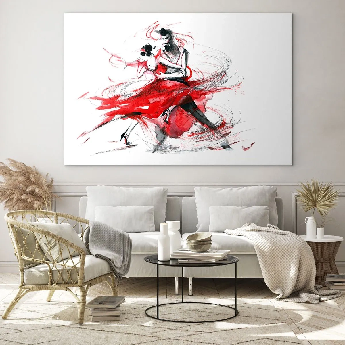 Obraz na szkle - Para tancerzy w dynamicznym tańcu akwarelą - 70x50cm - Tango - rytm namiętności - Nowoczesna dekoracja ścienna do salonu i sypialni ARTTOR