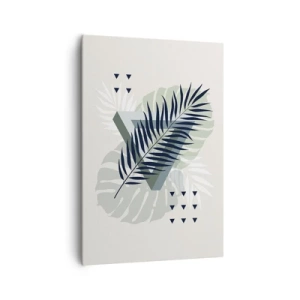 Obraz na płótnie - Geometryczna kompozycja z tropikalnymi liśćmi w odcieniach zieleni - 70x100cm - Natura i geometria – dwa porządki? - Nowoczesna dekoracja ścienna do salonu i sypialni ARTTOR