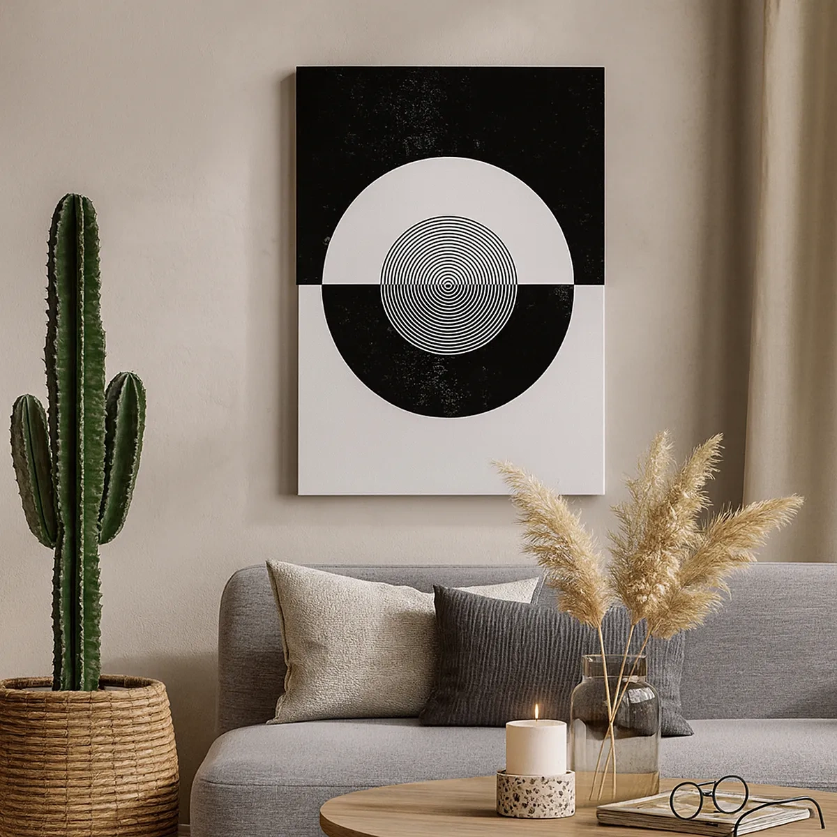 Obraz na płótnie - Geometryczna kompozycja czarno-białych okręgów na podzielonym tle - 50x70cm - Harmonia w czerni i bieli - Nowoczesna dekoracja ścienna do salonu, kuchni i sypialni ARTTOR