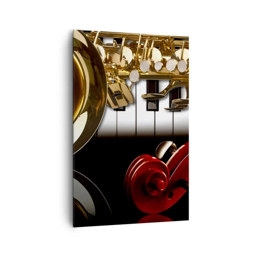 Obraz na płótnie - Złoty saksofon, klawisze fortepianu i czerwona skrzypce - 80x120cm - Blacha, drewno i kość słoniowa - Nowoczesna dekoracja ścienna do salonu i sypialni ARTTOR