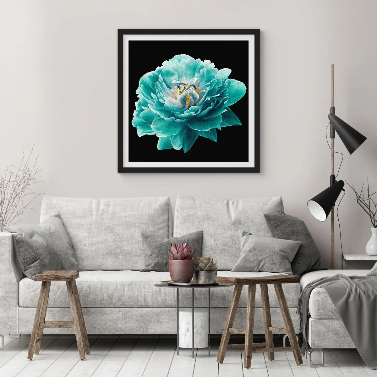 Plakat w czarnej ramie - Płatki błękitne i złote - 30x30 cm