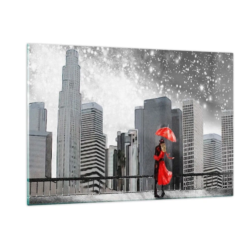 Obraz na szkle - Para z czerwonym parasolem stojąca na tle miejskiego krajobrazu nocą - 120x80cm - Człowiek nie kamień - Nowoczesna dekoracja ścienna do salonu, kuchni i sypialni ARTTOR