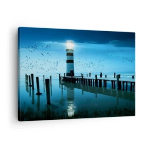 Obraz na płótnie - Latarnia morska przy molo oświetlona nocą - 70x50cm - I nie boisz się ciemności - Nowoczesna dekoracja ścienna do salonu i sypialni ARTTOR
