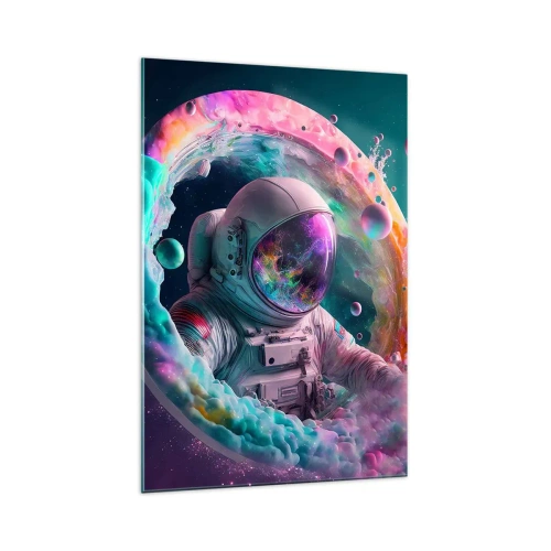 Obraz na szkle - Astronauta w kolorowej kosmicznej aurze - 70x100cm - Gwiezdne wrota - Nowoczesna dekoracja ścienna do salonu i sypialni ARTTOR