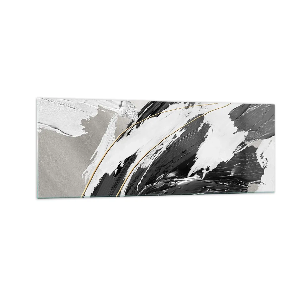 Obraz na szkle - Czarno-białe pociągnięcia farby z delikatnym złotym akcentem - 140x50cm - Abstrakcja z rozmachem - Nowoczesna dekoracja ścienna do salonu i sypialni ARTTOR