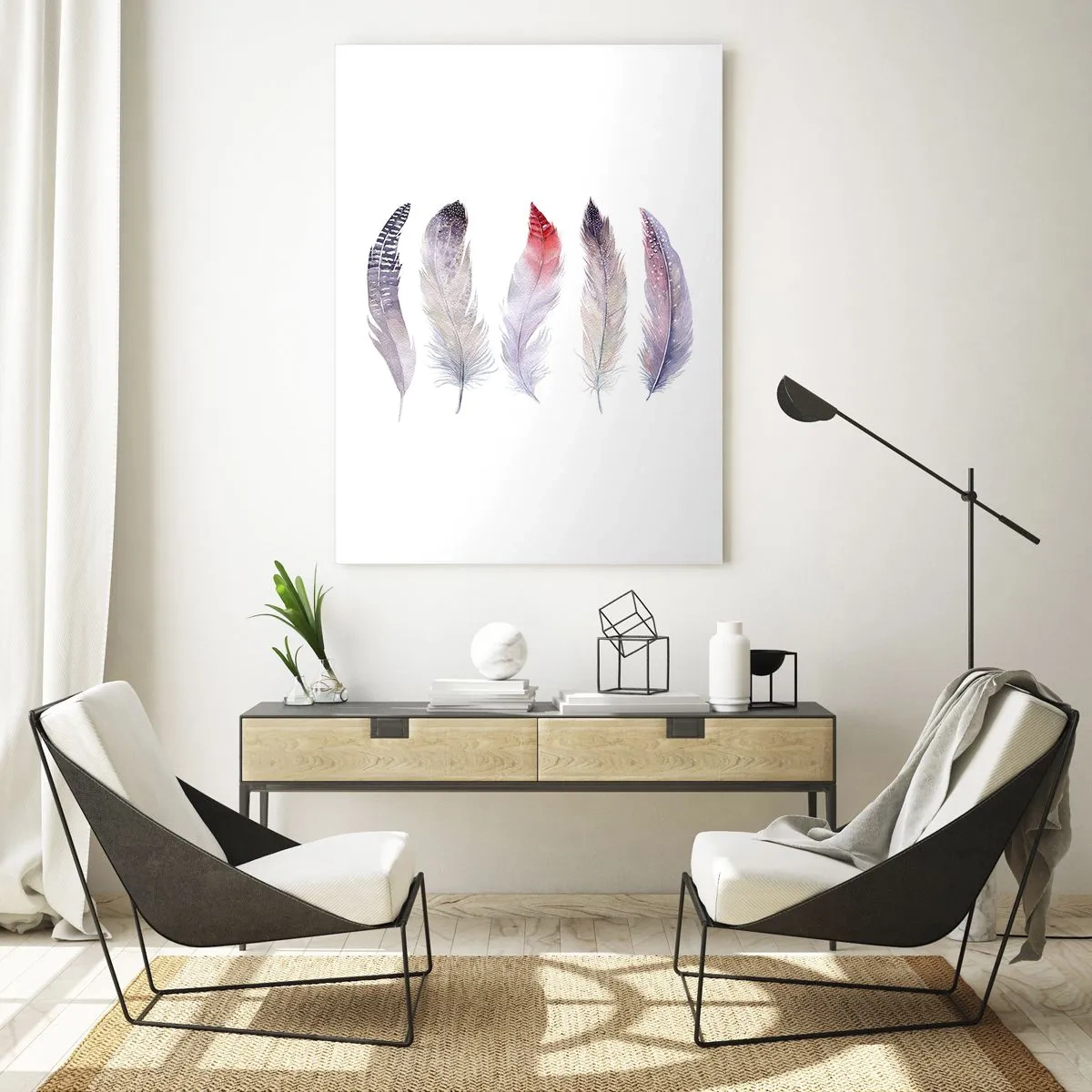 Obraz na szkle - Pięć delikatnych piór w pastelowych odcieniach na jasnym tle - 80x120cm - Delikatne jak różnobarwna mgła - Nowoczesna dekoracja ścienna do salonu i sypialni ARTTOR