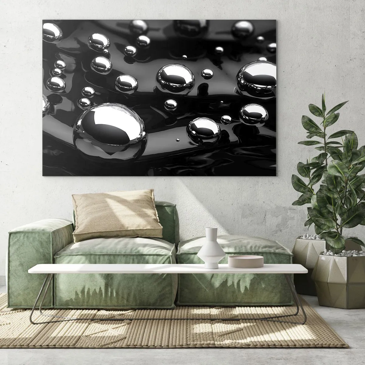 Obraz na szkle - Metaliczne krople na czarnej powierzchni - 70x50cm - Z czarnej toni - Nowoczesna dekoracja ścienna do salonu i sypialni ARTTOR