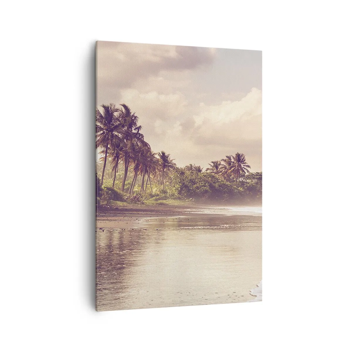 Obraz na płótnie - Plaża z palmami i delikatnymi falami o poranku - 70x100cm - Pieszczota fal - Nowoczesna dekoracja ścienna do salonu i sypialni ARTTOR