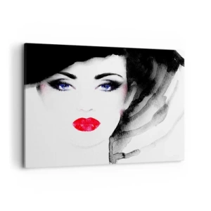 Obraz na płótnie - Portret kobiety z czerwonymi ustami i intensywnymi niebieskimi oczami - 120x80cm - Odpycha i przyzywa - Nowoczesna dekoracja ścienna do salonu, kuchni i sypialni ARTTOR