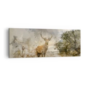 Obraz na płótnie - Jeleń w naturalnym otoczeniu w akwarelowym stylu - 140x50cm - Godność - siła - dostojeństwo - Nowoczesna dekoracja ścienna do salonu i sypialni ARTTOR