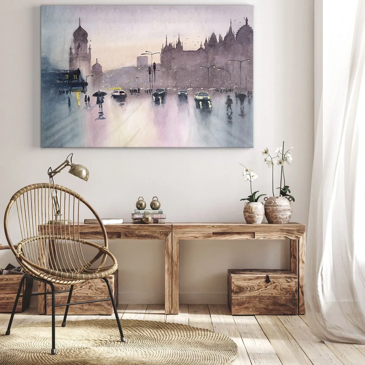 Obraz na płótnie - Miejska ulica o zmierzchu w akwarelowym stylu - 70x50cm - W deszczowej mgiełce - Nowoczesna dekoracja ścienna do salonu i sypialni ARTTOR